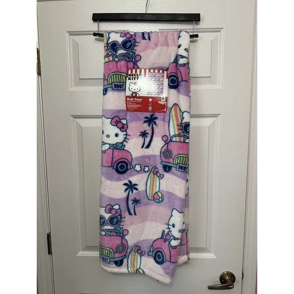 Hello Kitty Pink Car Beach Waves Surfboard Summer Purple 50 x 70" Throw Blanket